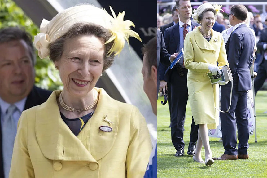 Princess Anne wearing Shibumi Delphine coat in Lemon Yellow at Races at the Ascot Racecourse