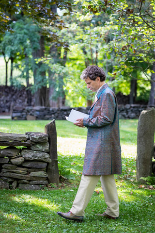 Groom Outfit Shibumi Mens Silk Overcoat in Royal Jacquard.