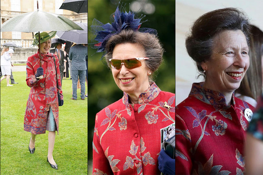 Princess Anne outfits garden party, New Zealand and Royal Ascot, Venetian Red Nehru coat