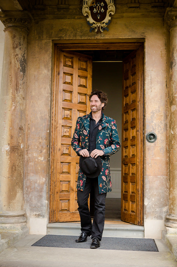 alternative groom outfit, mens long patterned blue coat