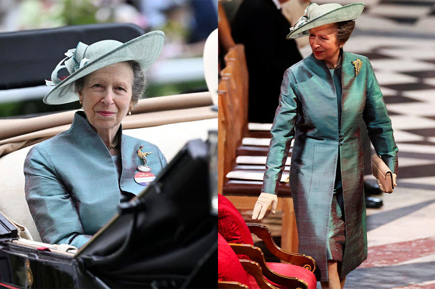 Princess Anne at Royal Ascot 2023 and Queen Elizabeth II's platinum jubilee wearing smokey blue avani coat