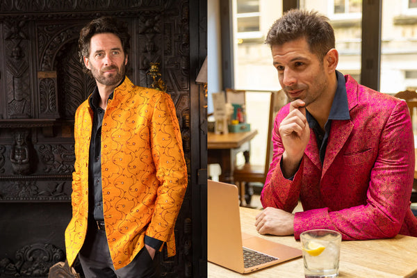 Men wearing yellow nehru collar style jacket. Another man wearing pink silk jacket, smart jacket with Indian style pattern.