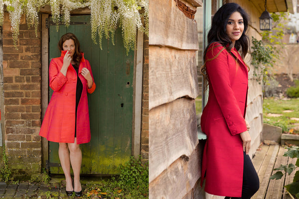 Smart Red Womens coat with sleeve buttens. Great shape coat for plus size. Another coat in red silk, beautiful coat for weddings