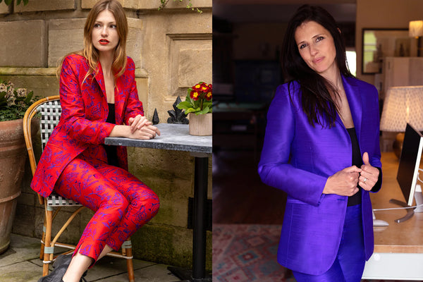 Red Womens suit with embroidered flowers. Blue silk suit, handmde with cigarette trousers and classic style blazer. Great luxury office outfits.