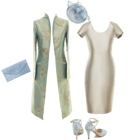 Blue and Gold Silk Mother of the Bride Outfit, Blue Embroidered Coat, Gold Raw Silk Shift Dress