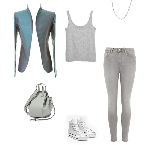 Casual Daytime Outfit Showing Blue Tailored Silk Jacket with Grey Jeans and White High Top Converse
