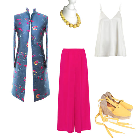 Brightly coloured Summer party outfit, casual wedding guest outfit with pink palazzo pants
