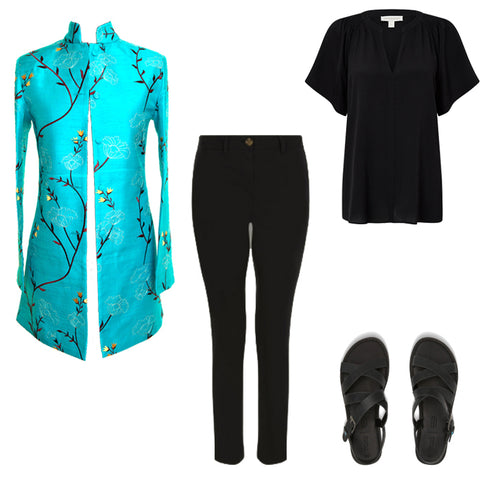 womens smart outfit with jeans, black jeans, turquoise silk jacket, nehru collar jacket, longline blazer, outfit ideas