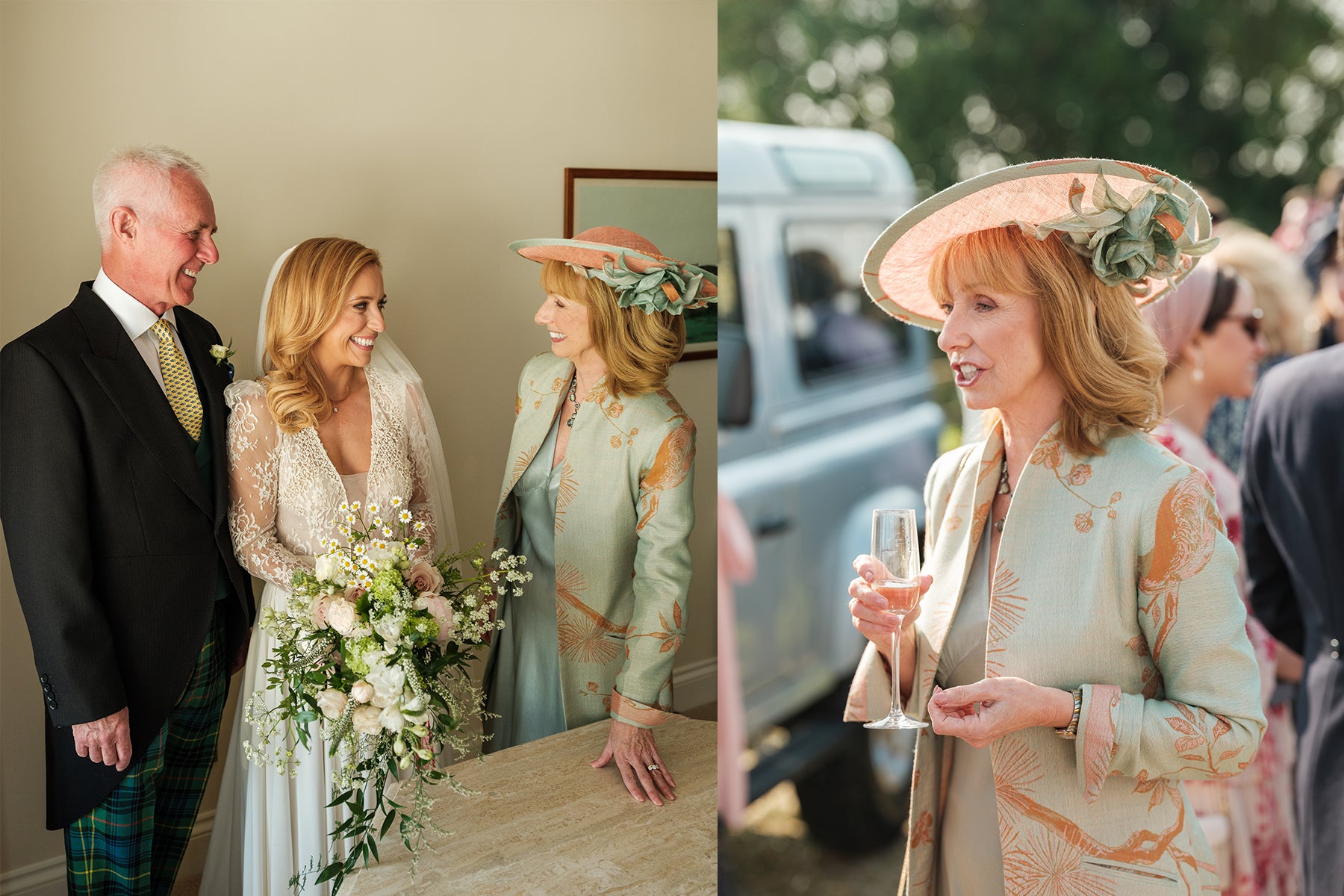 Mother of the Bride wearing a pale green and orange cashmere silk full length wedding coat