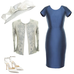 Outfit Idea for Grandmother of the Bride, showing a grey cropped jacket with French blue silk dress and grey wedding hat