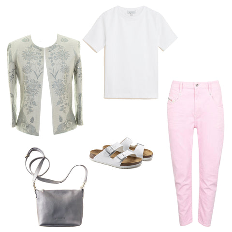 Casual Summer outfit idea showing grey cashmere jacket from Shibumi with pink jeans