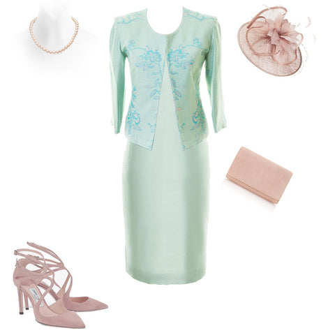 womens pale aqua turquoise silk and cashmere wedding guest outfit