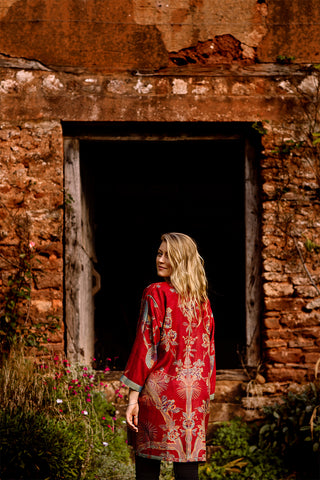 womens red floral cashmere kimono jacket reversible