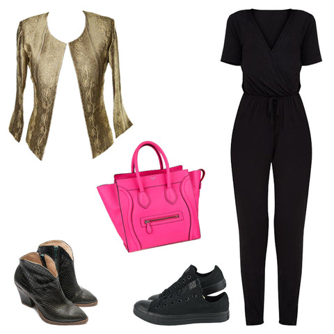 gold and black outfit, celine bag, black jumpsuit outfit, gold silk jacket