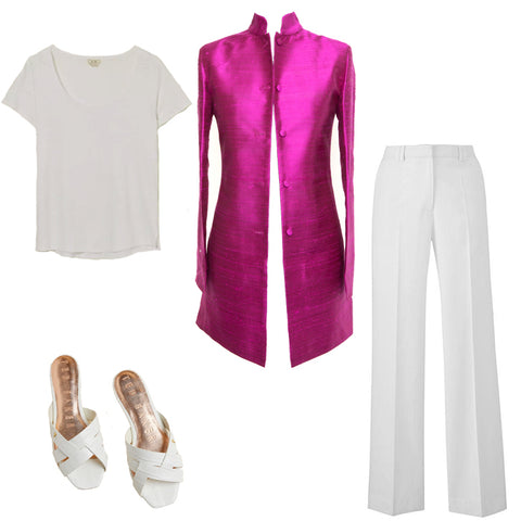 womens bright magenta silk jacket, longline blazer, womens summer outfit, white linen trousers, plus size wedding outfit