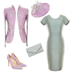 Lilac Mother of the Bride outfit idea, a tailored lilac cashmere jacket worn with a grey silk dress and lilac accessories.