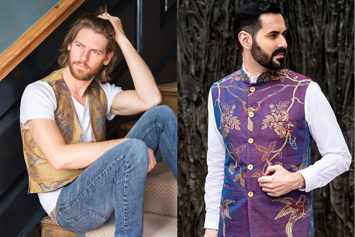 Blond guy sitting on steps in blue jeans and yellow waistcoat, man in white shirt and purple waistcoat with flower and bird pattern