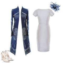 Mother of the Bride outfit idea showing a nav cashmere frock coat and pale silver silk dress.