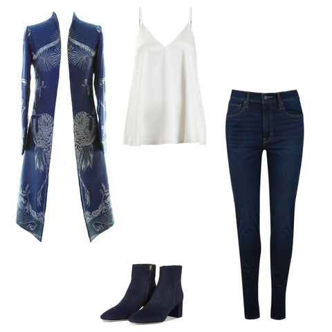 Casual outfit ideas for going to the theatre or to an event- navy cashmere coat worn with jeans and a white silk camisole.