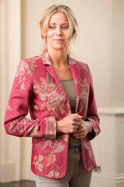 women wearing a jacket to a bridal shower, cashmere jacket in pink, short jacket with flowers, special occasion jacket