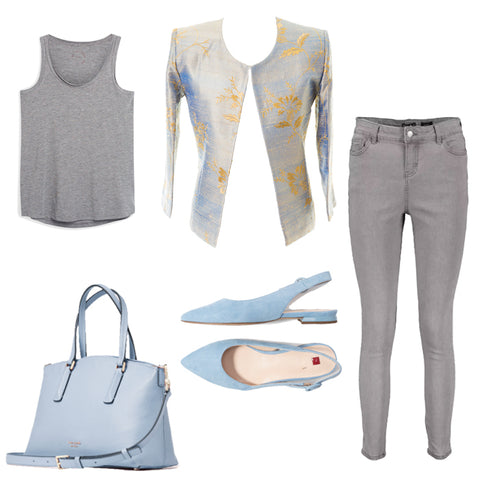 womens grey blue smart casual outfit, outfit ideas for middle aged women, plus size summer outfits, chanel jacket with jeans