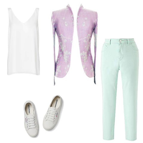 lilac jacket, mint coloured jeans, colourful jeans outfit, outfit ideas, summer outfit
