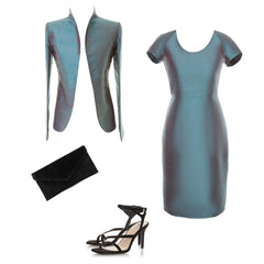 A blue shot silk wedding guest outfit, showing a tailored jacket and shift dress in the same blue raw silk.