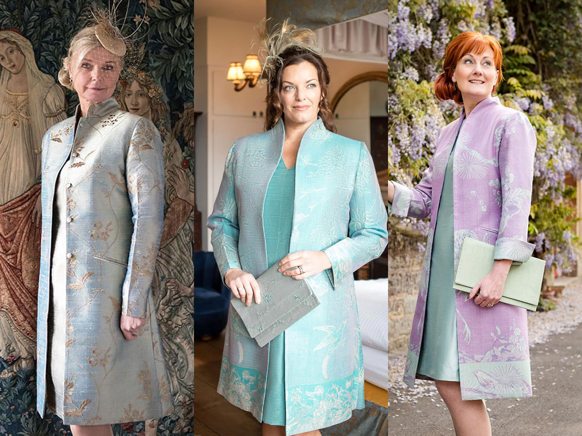 Mother of the bride wearing embroidered silver coat, lady dressed for a wedding in turquoise coat and silk dress. Wedding guest outfit for woman, coat with flowers in lilac.