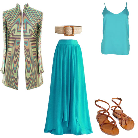 womens summer outfit ideas, maxi skirt, longline jacket, sandals, wedding outfit