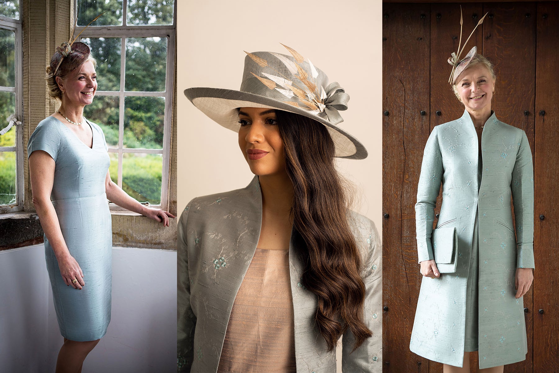 Spring and Summer wedding outfit inspiration in pale blue/grey embroidered silk