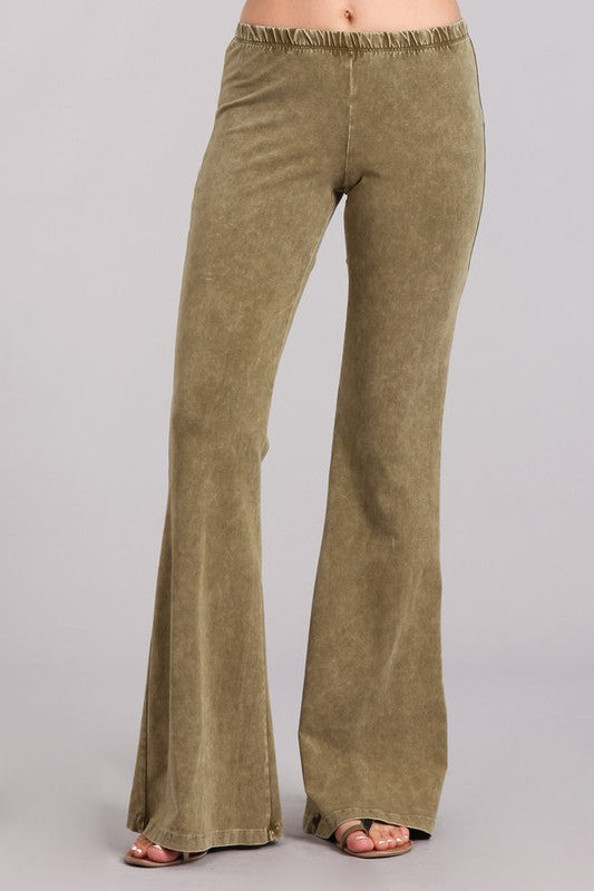 Mineral Wash Bell Bottom Pants in Pale Olive- The Rustic Rack Boutique