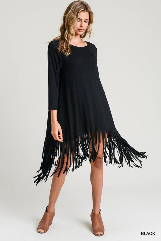 black long sleeve fringe dress