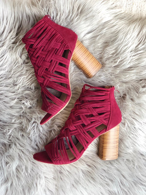 burgundy caged heels
