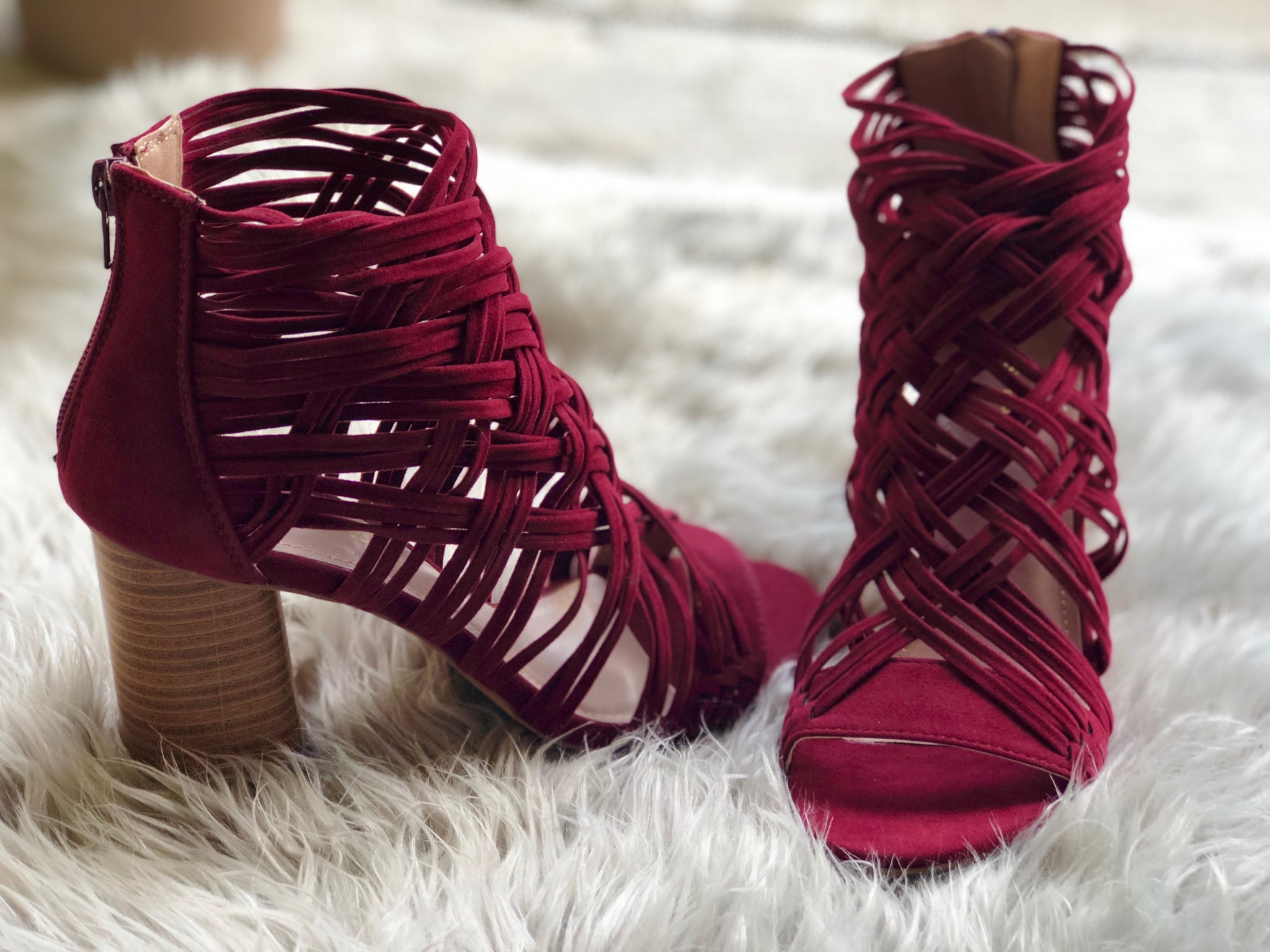 burgundy caged heels