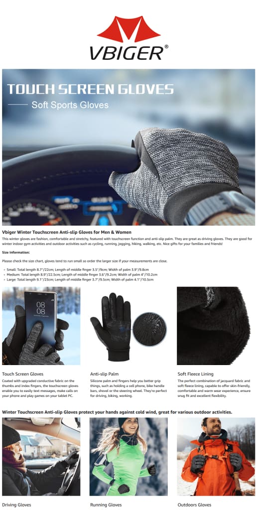 Vbiger Winter Thick Warm Mittens Touch Screen Gloves with Anti-slip Design