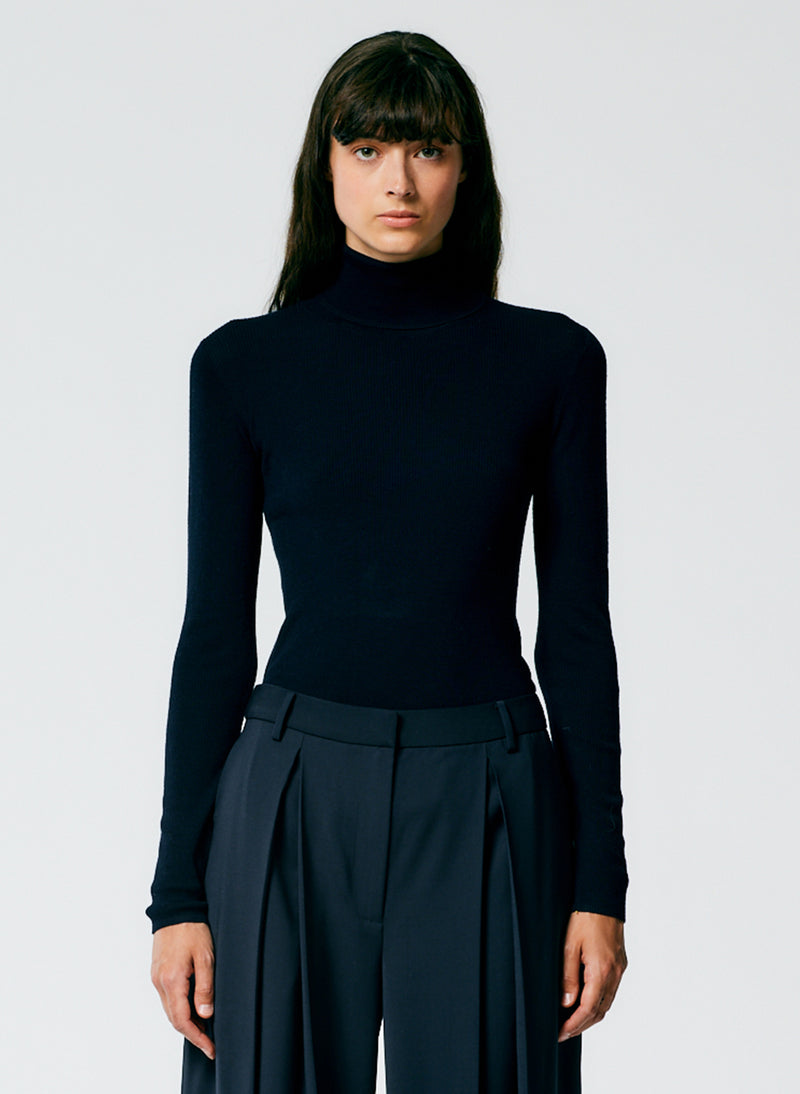 티비 Tibi Featherweight Ribbed Sweater Turtleneck Pullover,Navy