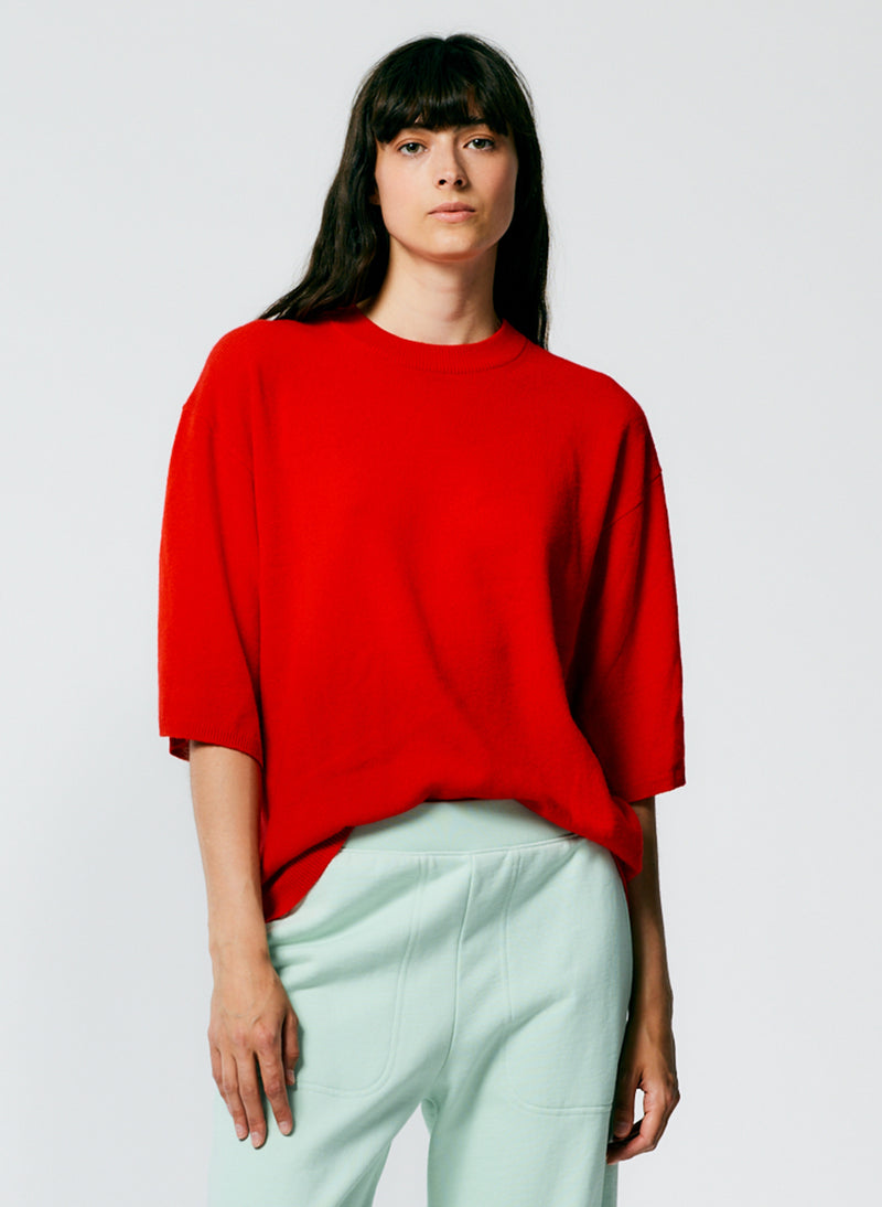 티비 Tibi Feather Weight Cashmere Oversized Easy T-Shirt,Red