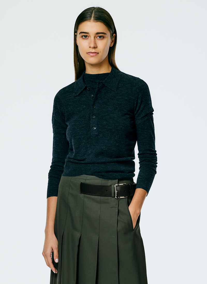 티비 Tibi Skinlike Mercerized Wool Shrunken Polo,Charcoal