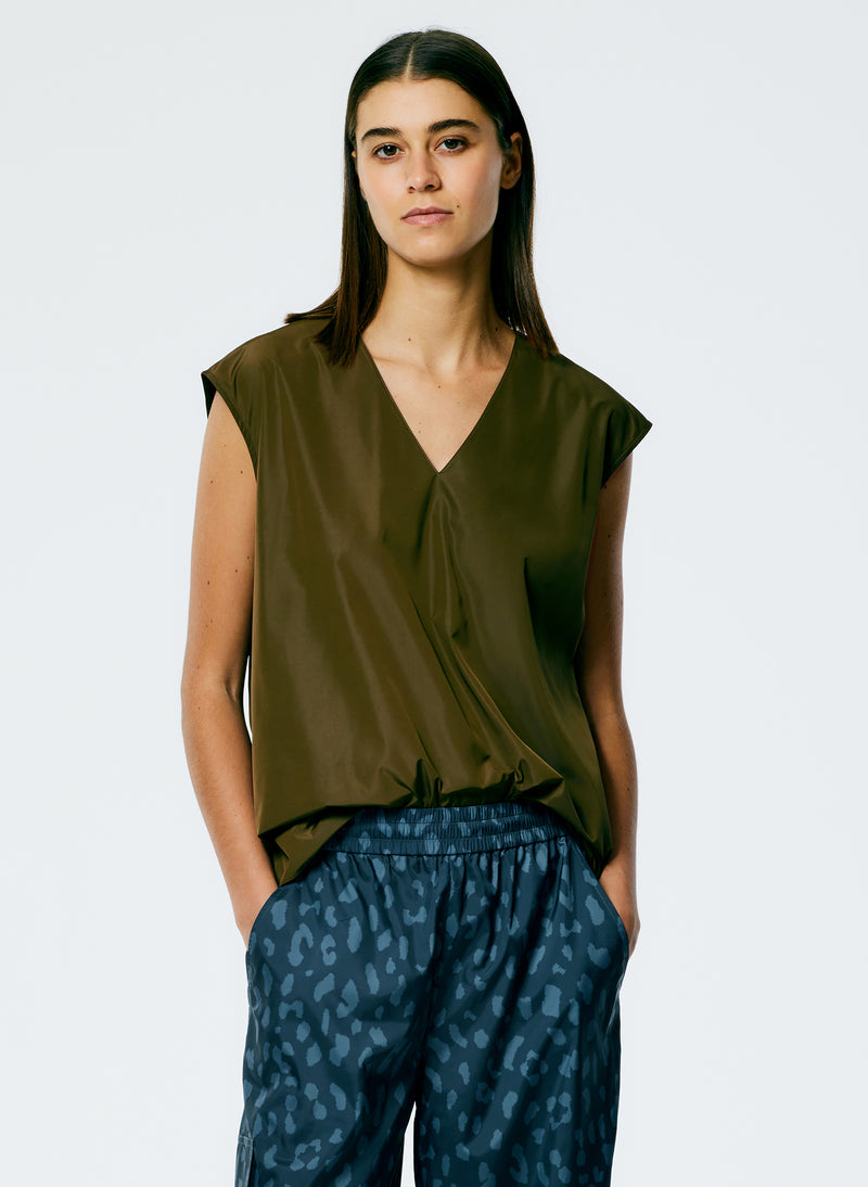 티비 Tibi Italian Sporty Nylon Sleeveless V-Neck Top,Wood