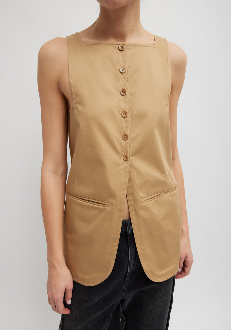 티비 Tibi Chino Slit Front Sleeveless Tunic,Tan