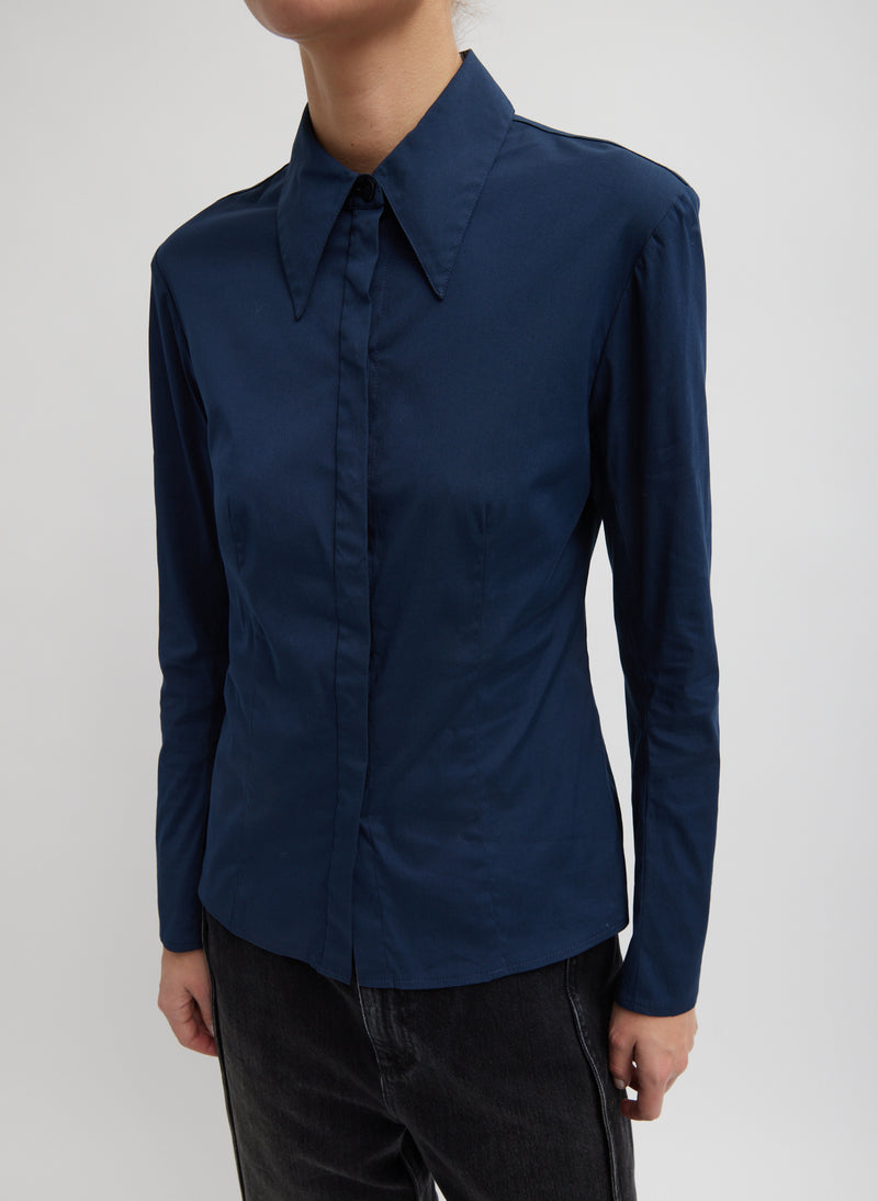 티비 Tibi Stretch Cotton Nylon Circular Sleeve Shirt,Navy Blue