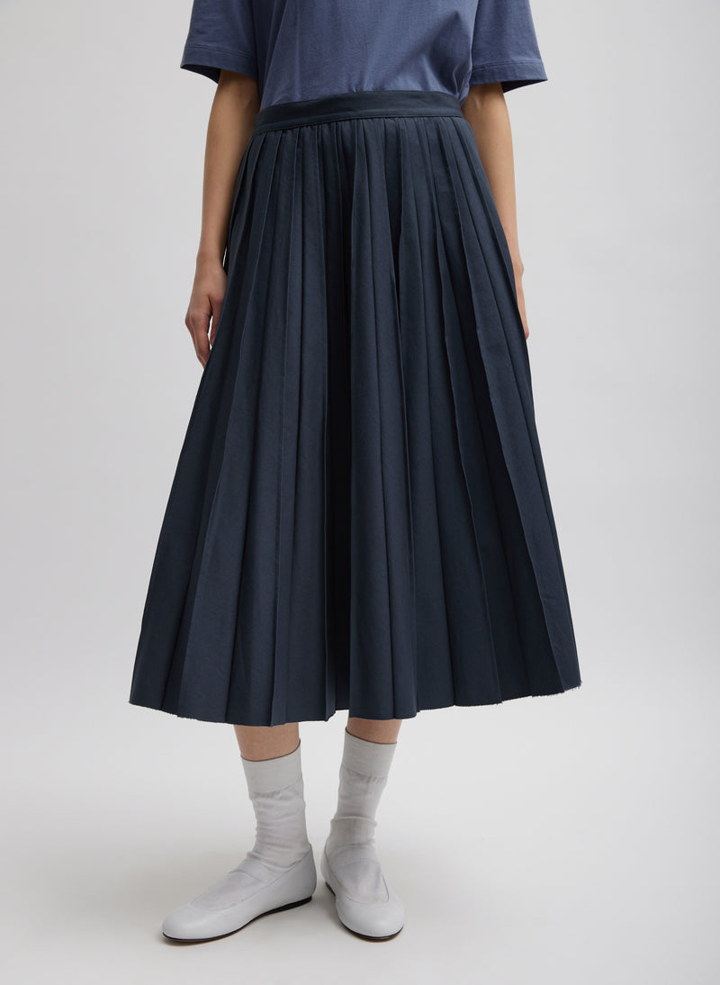 티비 Tibi Oliver Cotton Stretch Tricotine Pintucked Skirt,Slate Blue