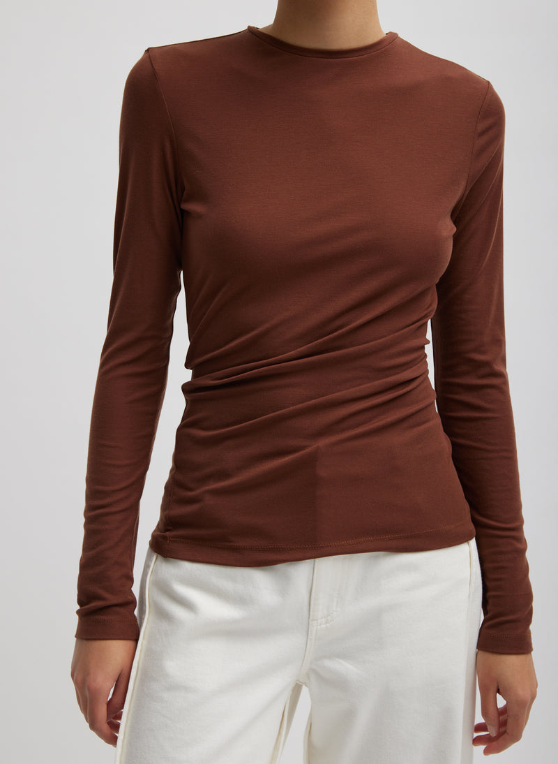 티비 Tibi Tencel Knit Twisted Seam Long Sleeve T-Shirt,Brown