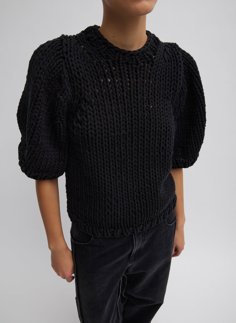 티비 Tibi Deluxe Tube Yarn Sweater Mini Puff Pullover,Black
