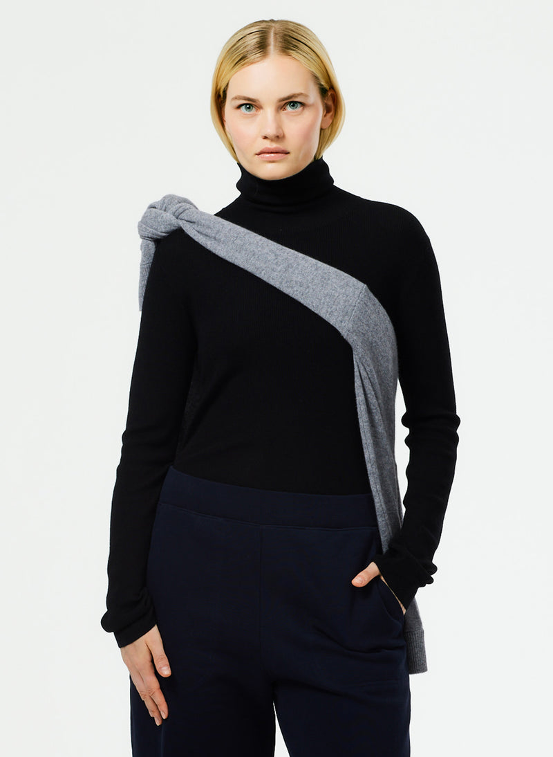 티비 Tibi Featherweight Ribbed Sweater Turtleneck Pullover,Black