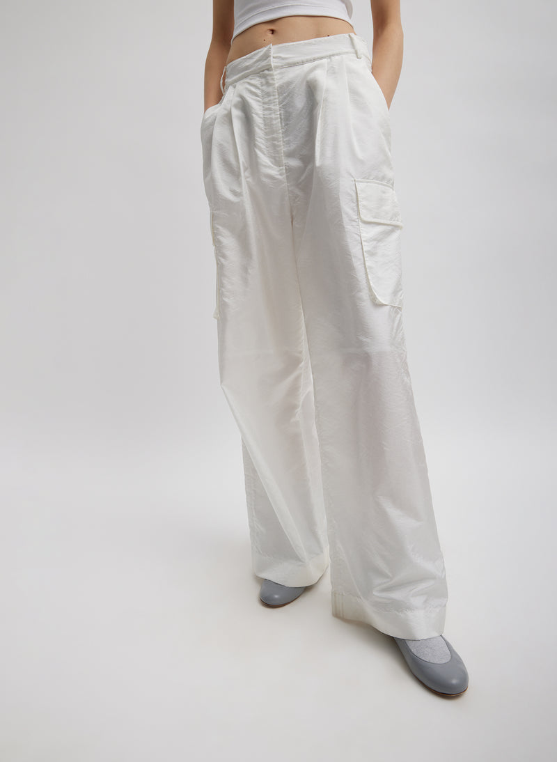 티비 Tibi Stella Crispy Nylon Pleated Cargo Pant,White