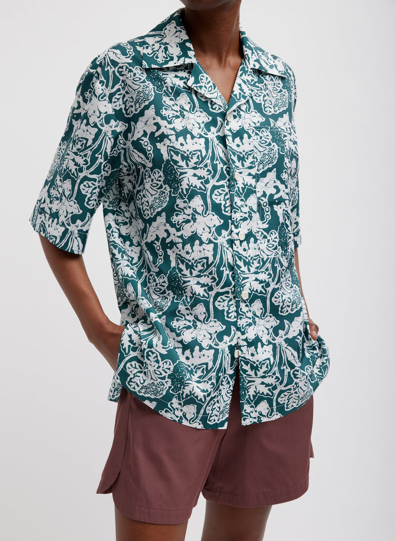 티비 Tibi Recycled Nylon Batik Camp Shirt,헌터 Hunter Green Multi