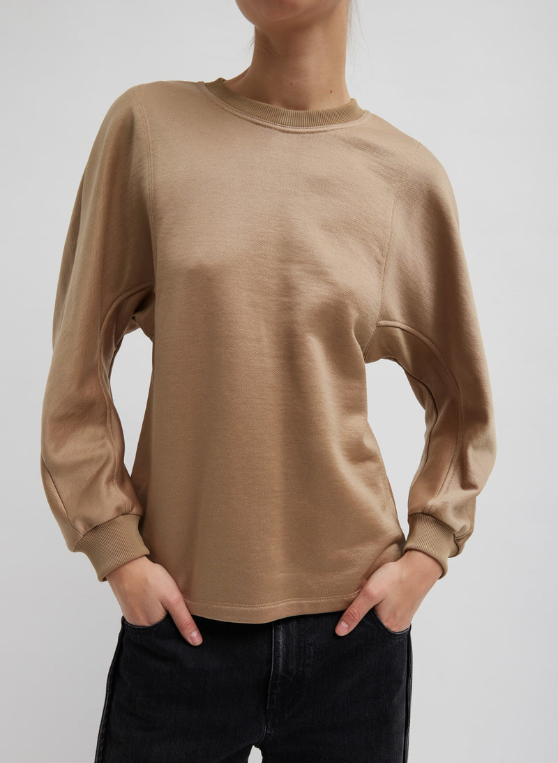 티비 Tibi Silk Terry Sculpted Sleeve Slim Sweatshirt,Granola