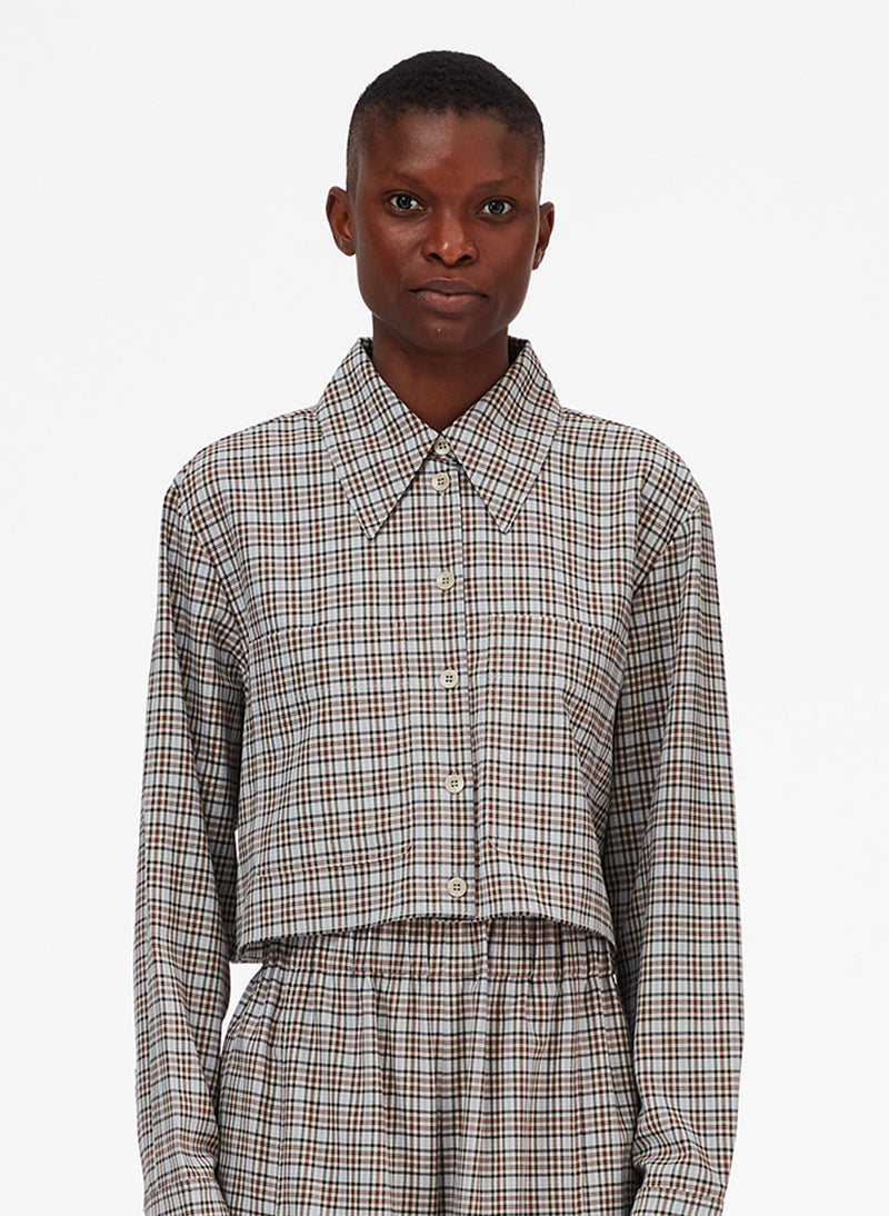 티비 크롭 블라우스 Tibi Sana Check Cropped Blouse,Blue Check Multi