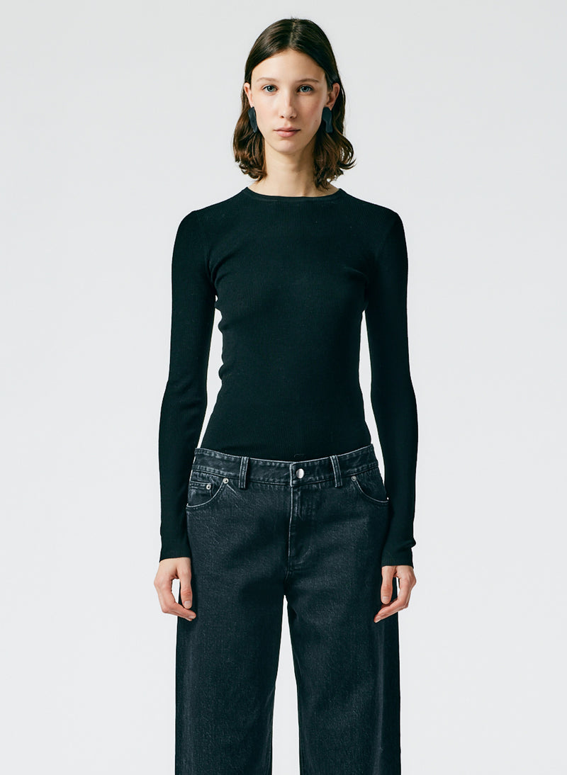 티비 스웨터 Tibi Feather Weight Ribbed Crewneck Pullover Sweater,Black